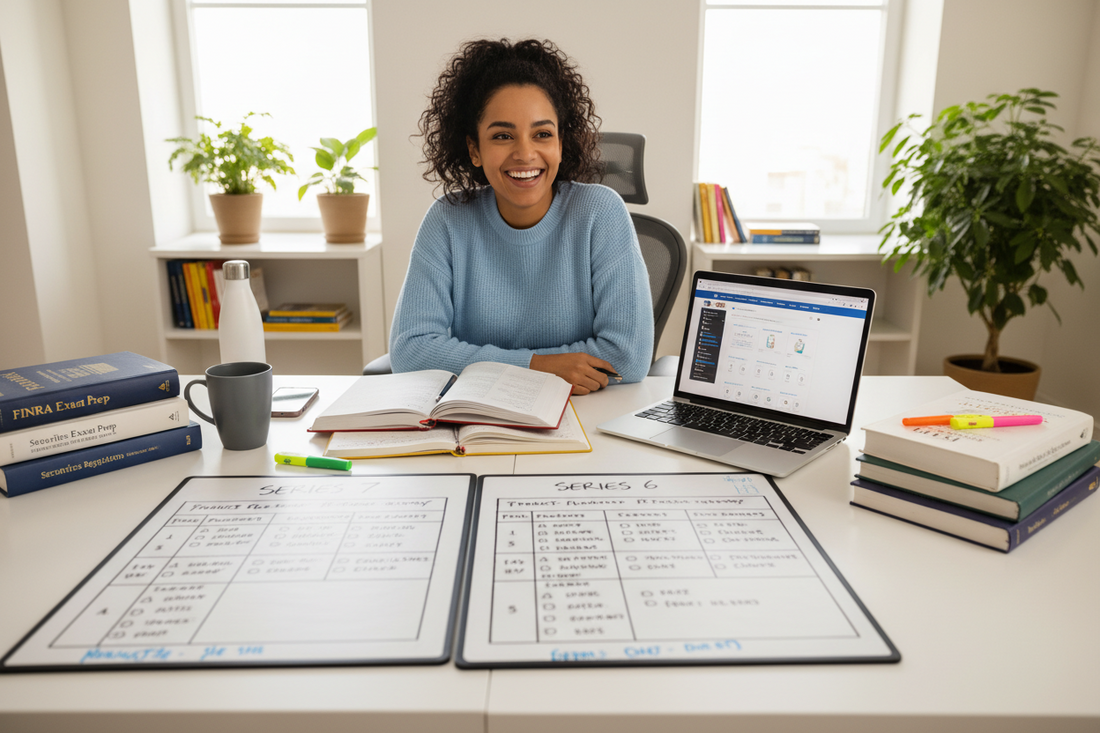Dark haired woman smiling looking at here option between studying the series 6 or series 7 exam. 
